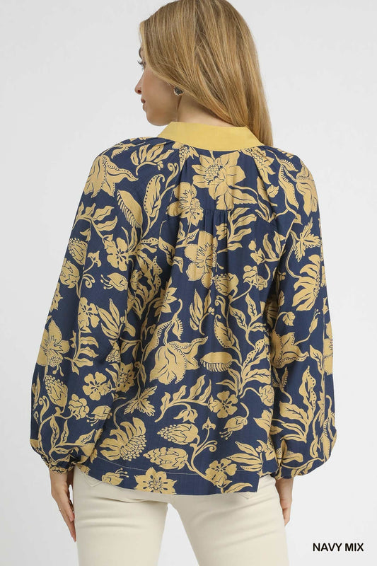 Navy Mix Two Tone Floral Print Top
