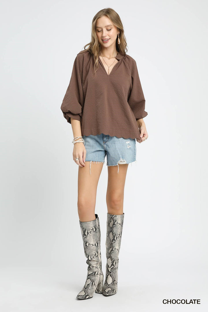 Scallop Hem Balloon Sleeve Top in brown, available in sizes XS-XL. "CHOCOLATE" text shown in bottom right corner.