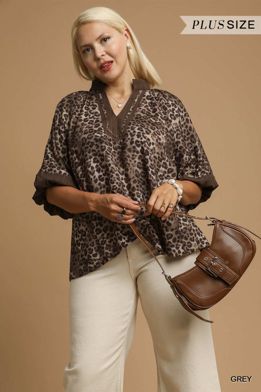Leopard Print Pleated Sleeve Blouse