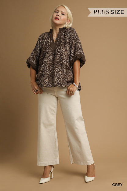 Leopard Print Pleated Sleeve Blouse