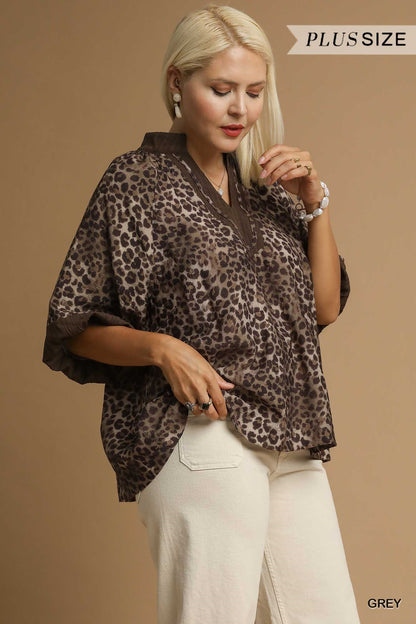 Leopard Print Pleated Sleeve Blouse