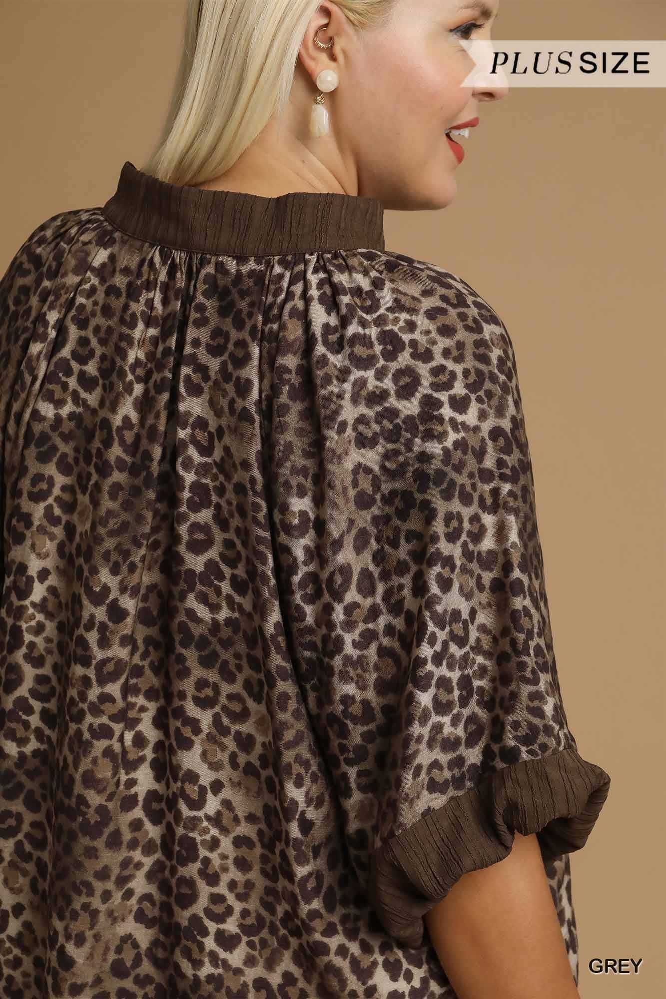 Leopard Print Pleated Sleeve Blouse