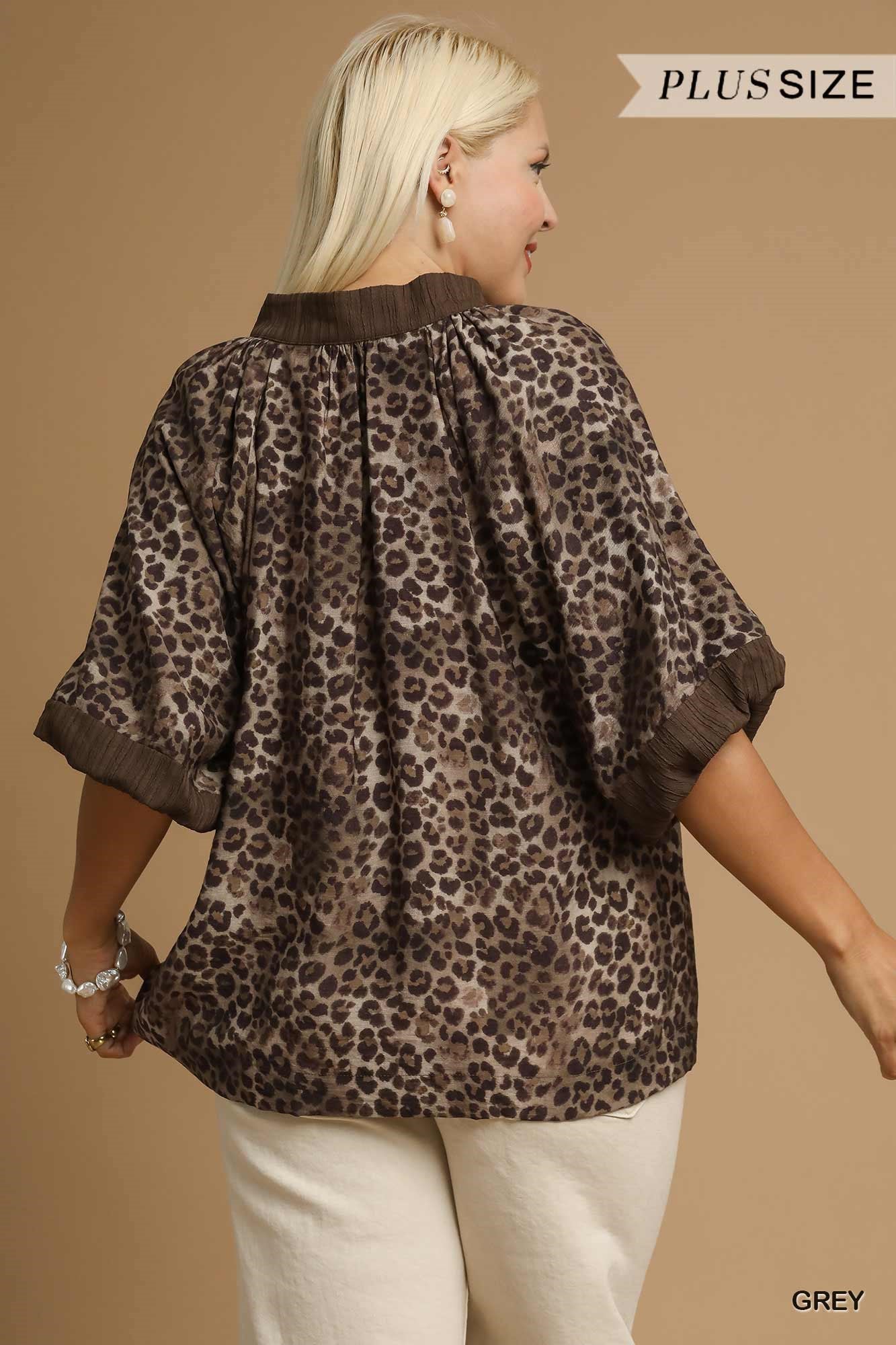 Leopard Print Pleated Sleeve Blouse