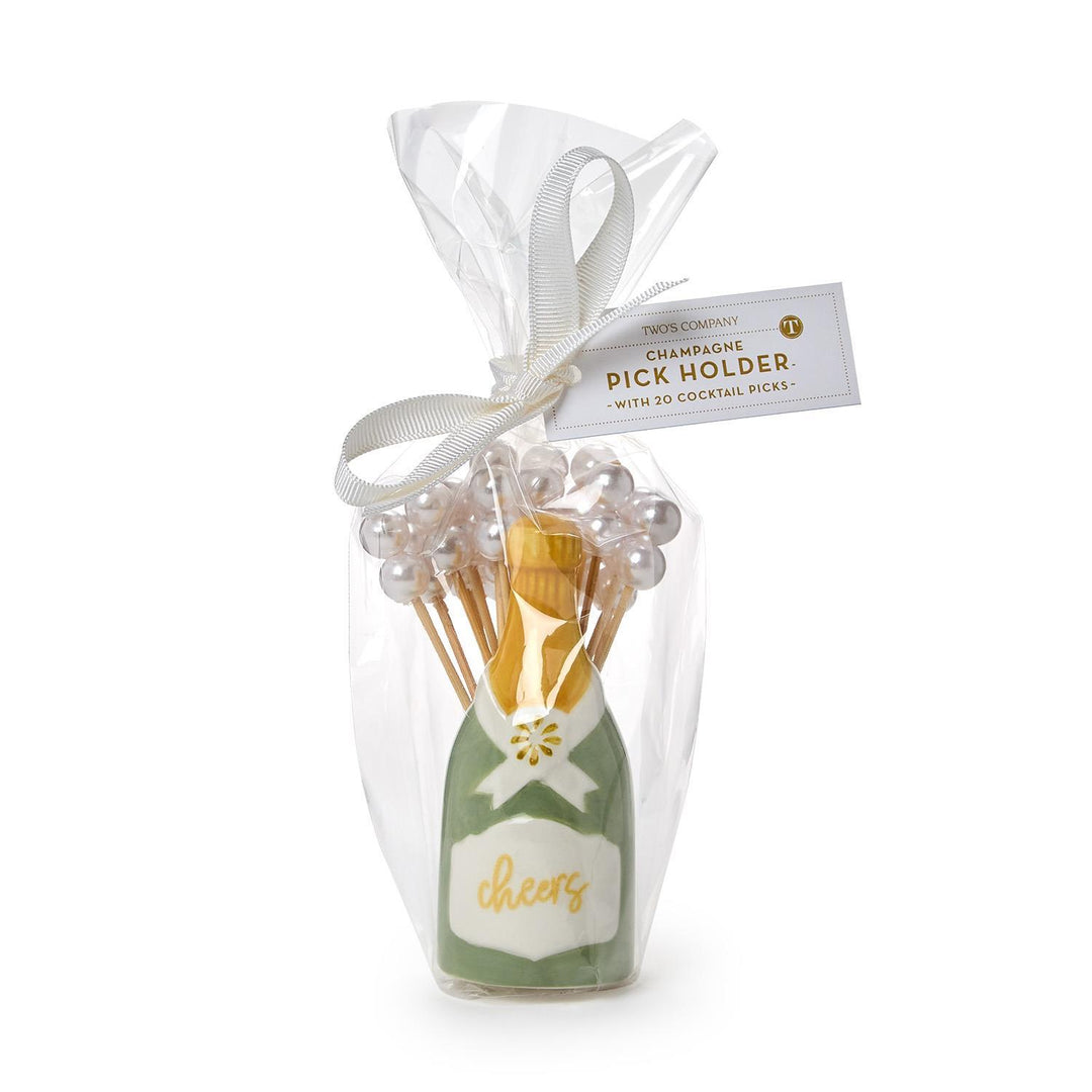 Champagne Bottle Pick Holder with 20 pearl cocktail picks.