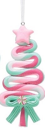 Handcrafted spiral pink and mint green lollipop ornaments, topped with a star and finished with a bow.