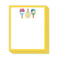 Short Stack Pad with yellow-bordered notepads. Top sheet features three pickleball paddles with playful icons and patterns. Sizes available: 4x6 inches and 5x7 inches.