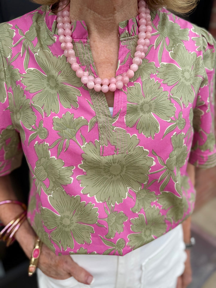 Ramona Garden District Green Top: green floral cotton blend shirt with ruffle V-neck. Available in sizes XS-XL.