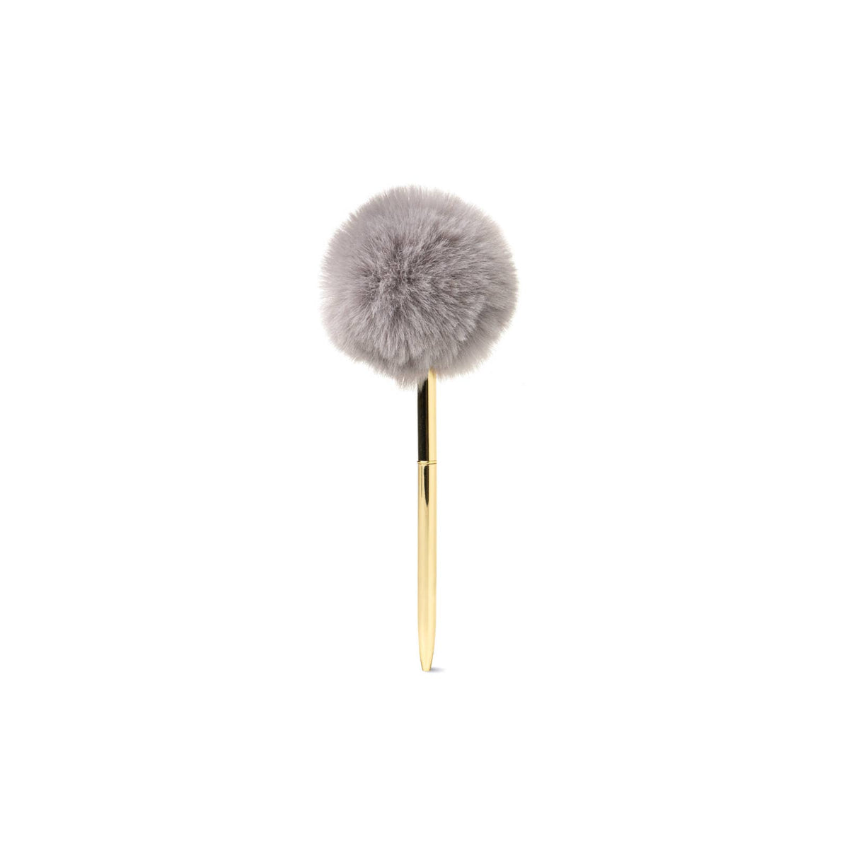 Gold pen with a goldtone barrel, large round plush gray pom-pom on top, and black ballpoint ink. Sizes available not specified.