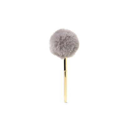 Gold pen with a goldtone barrel, large round plush gray pom-pom on top, and black ballpoint ink. Sizes available not specified.