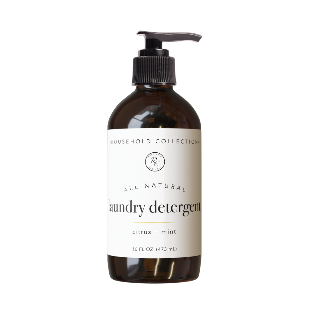 Brown bottle with black pump labeled “Laundry Detergent | Liquid | 16 oz: Bergamot + Lavender,” available in 16 oz size.