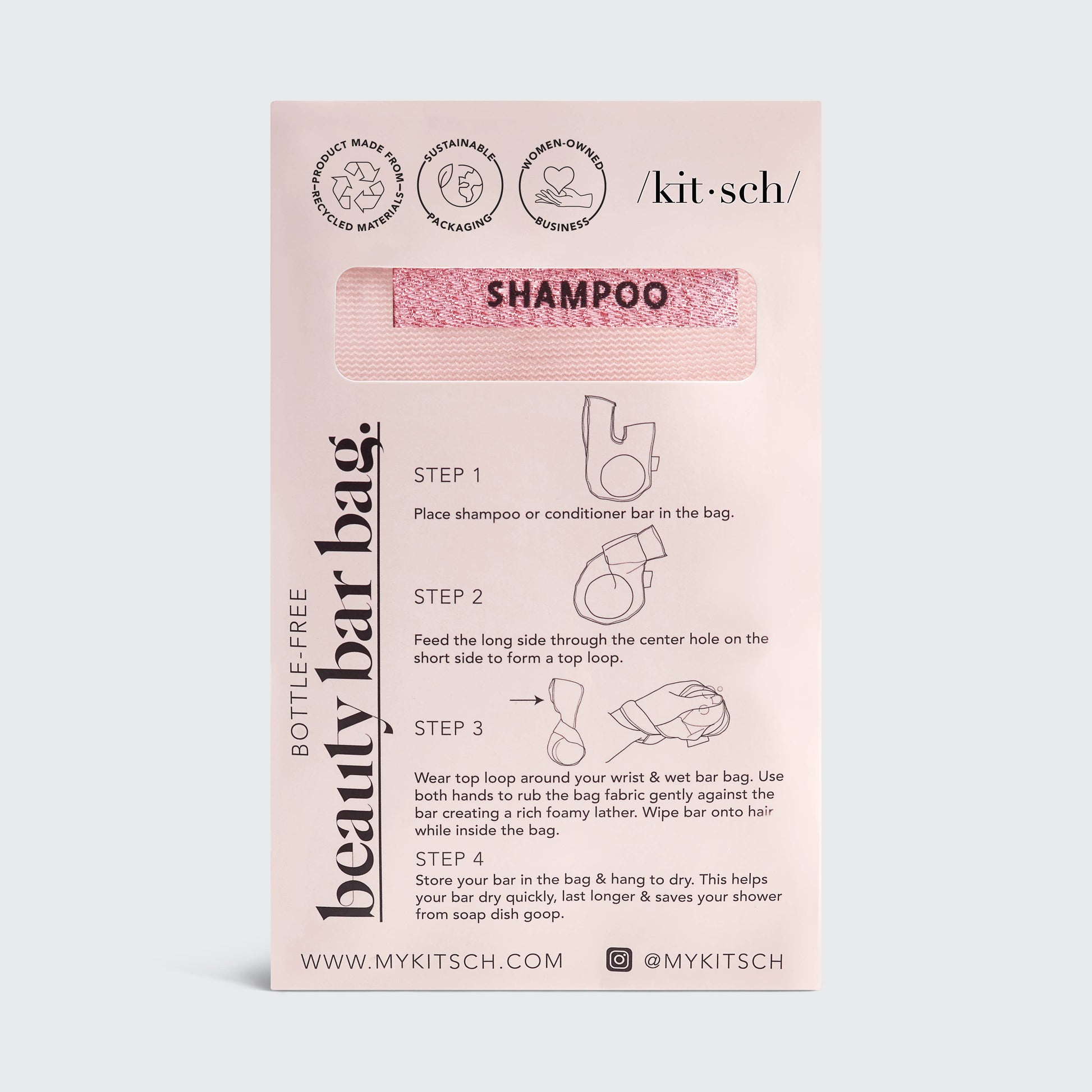 Shampoo Beauty Bar Bag - Blush: Pink mesh bag labeled "SHAMPOO". Sizes: Standard. Bottle-free. Brand: Kitsch.