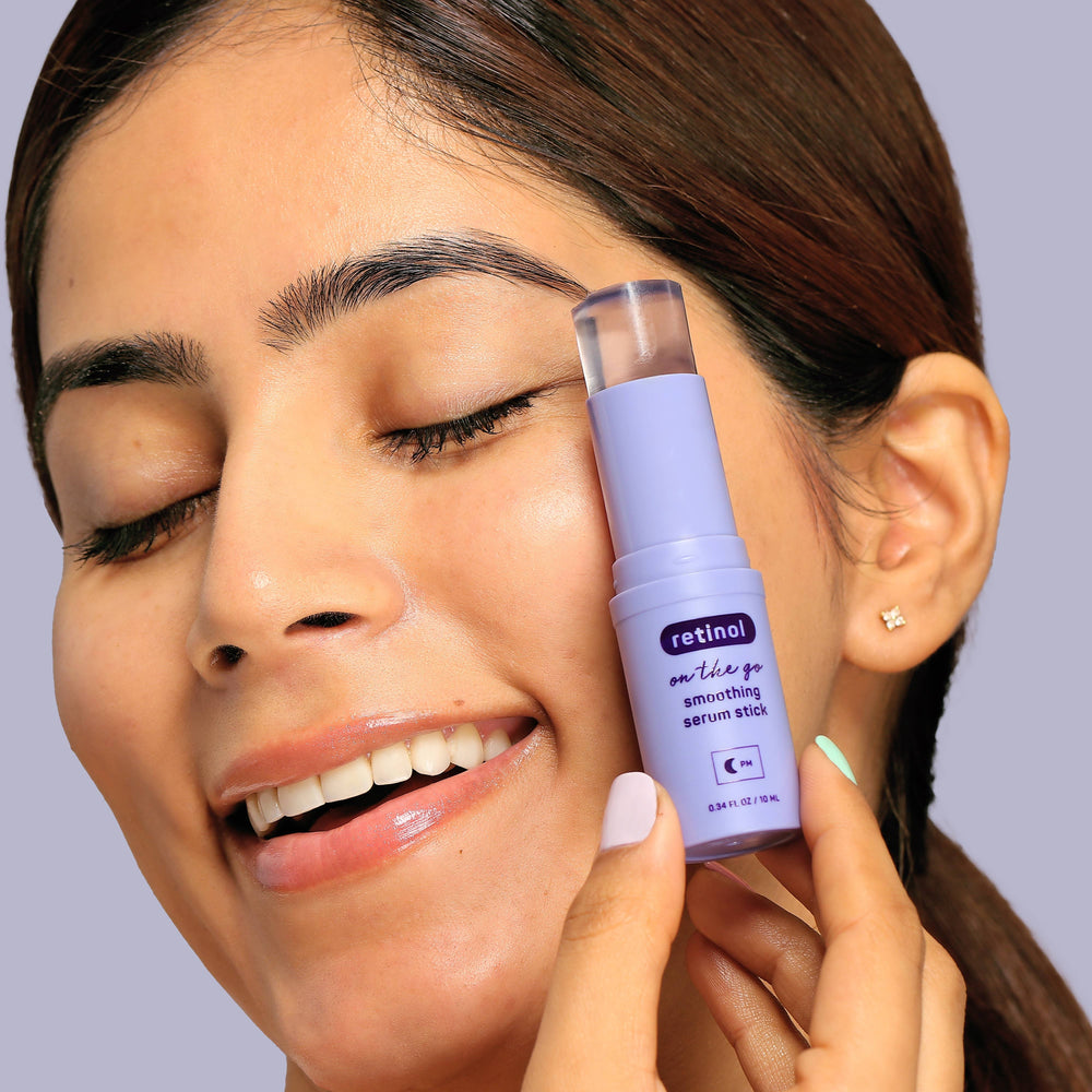 Plump Retinol Smoothing Serum Stick (0.34 fl oz) shown, highlighting its benefits for smoothing fine lines and evening skin tone.