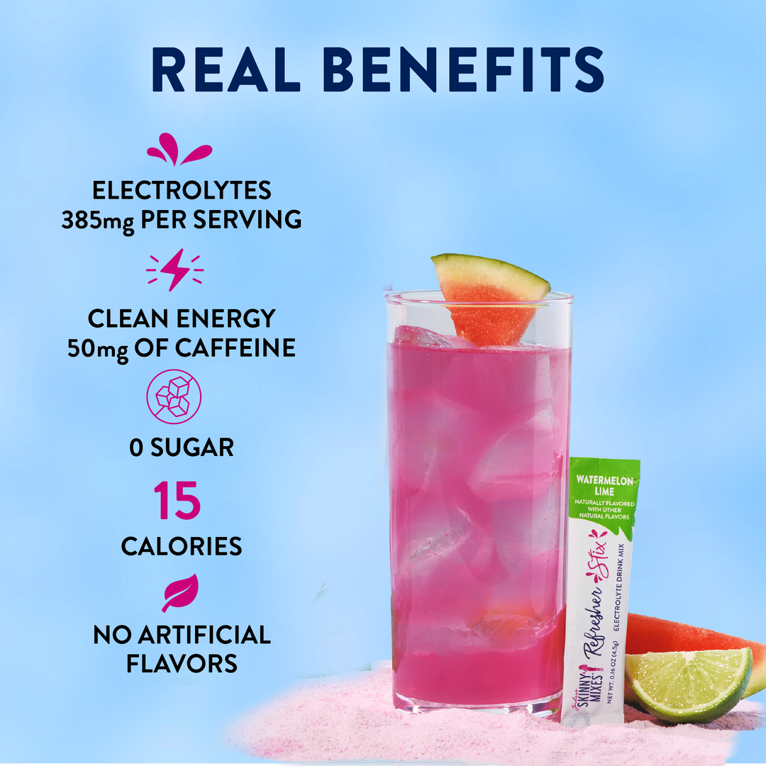 Refresher Stix 16 ct - Watermelon Lime featuring electrolytes, green tea caffeine, zero sugar, 15 calories, and no artificial flavors.
