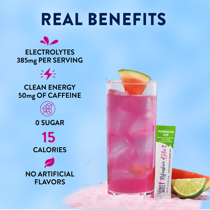 Refresher Stix 16 ct - Watermelon Lime featuring electrolytes, green tea caffeine, zero sugar, 15 calories, and no artificial flavors.