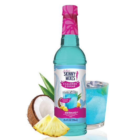 Sugar Free Mermaid™ Syrup in a turquoise bottle with pink cap and tropical label; available in 375ml and 750ml sizes.