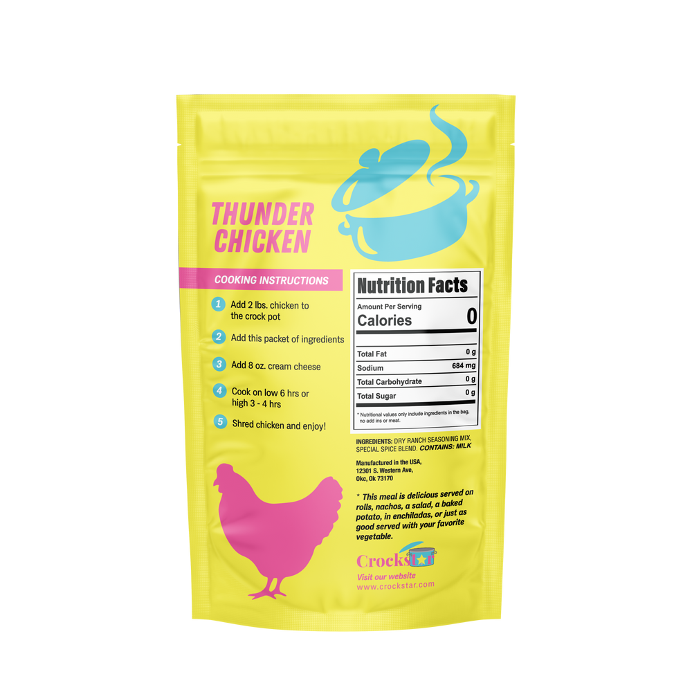 Yellow "Thunder Chicken" package with cooking instructions, nutrition facts. Available in multiple sizes.