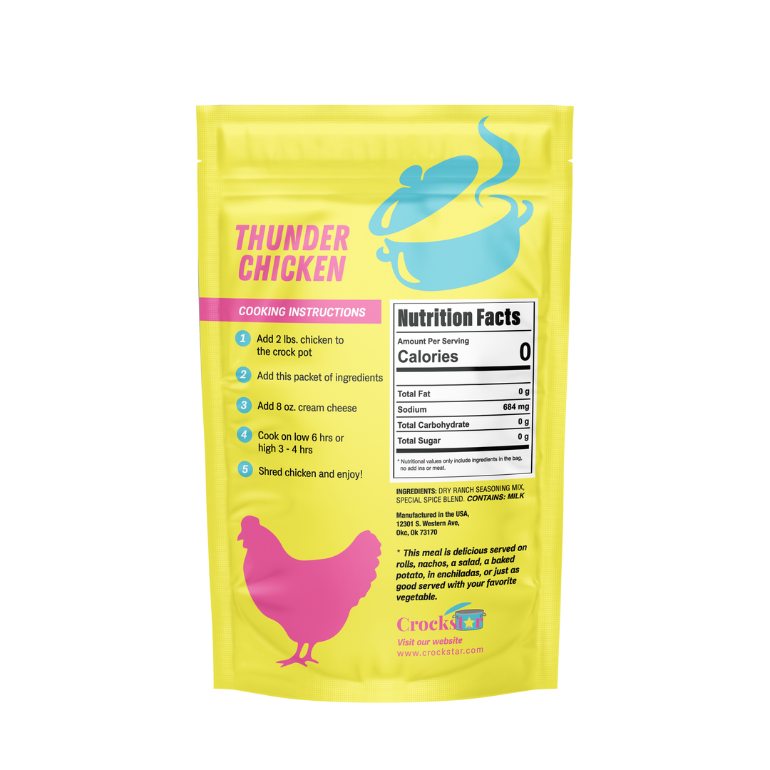 Yellow "Thunder Chicken" package with cooking instructions, nutrition facts. Available in multiple sizes.