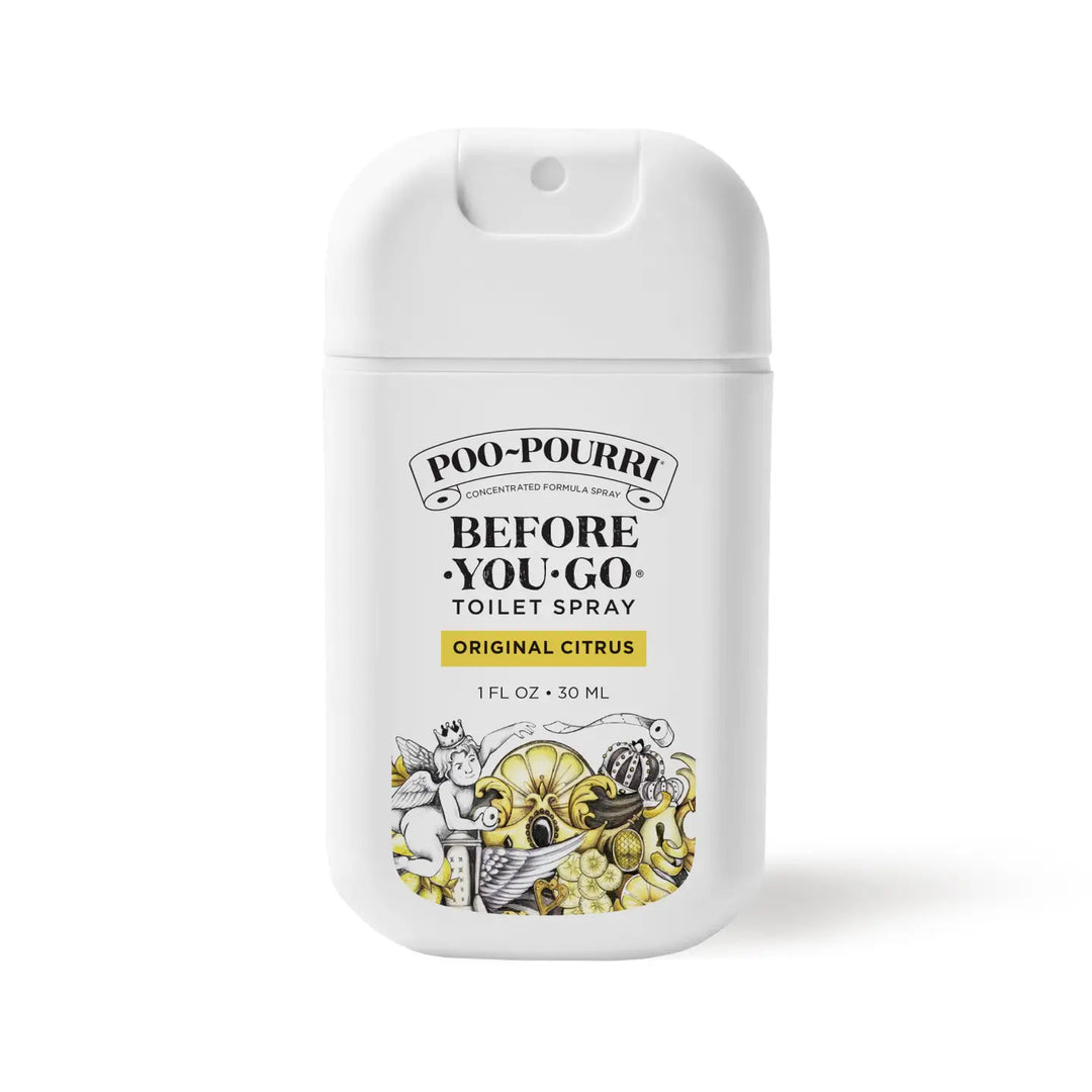 Poo-Pourri: Original Citrus Pocket Sprayer, 1 oz, compact white bottle with black-yellow label, essential oils.