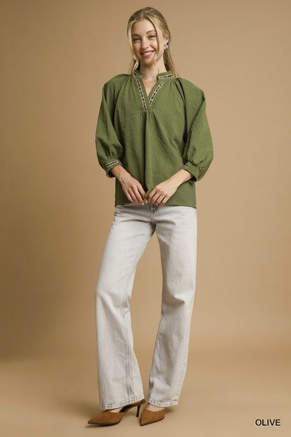 Animal Print Trim Puff Sleeve Top