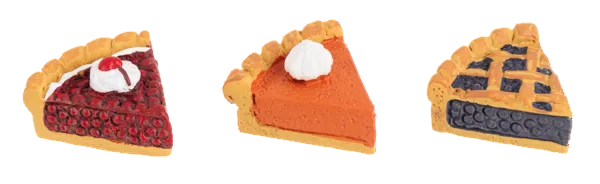 Three Pie Personality Charm miniature accessories: cherry, pumpkin, and blueberry pie slices.