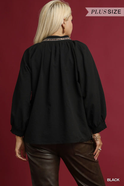 Animal Print Trim Puff Sleeve Top
