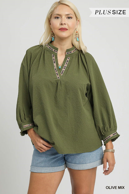 Animal Print Trim Puff Sleeve Top