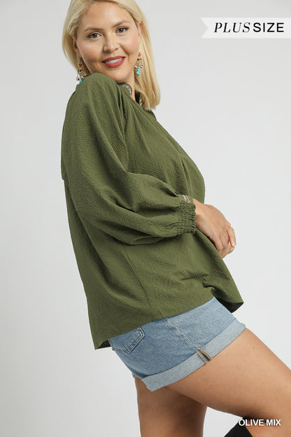 Animal Print Trim Puff Sleeve Top
