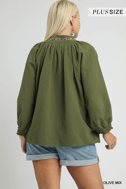 Animal Print Trim Puff Sleeve Top
