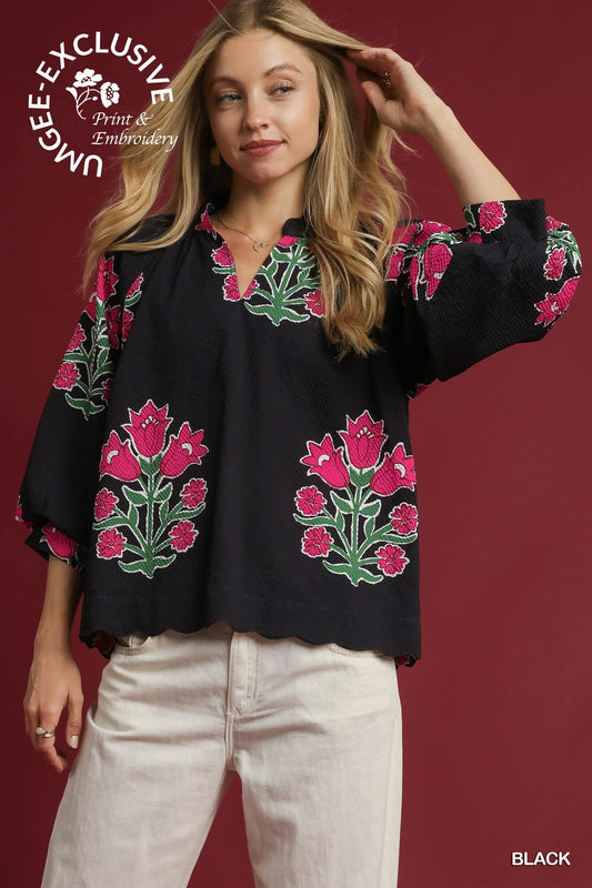 Tulip Print Bubble Sleeve Top