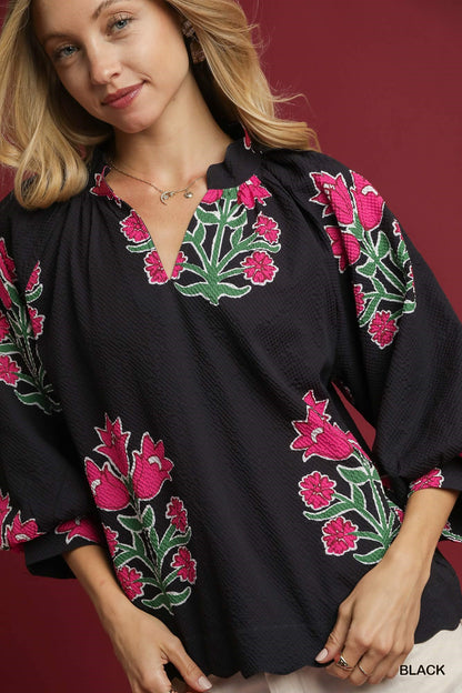 Tulip Print Bubble Sleeve Top