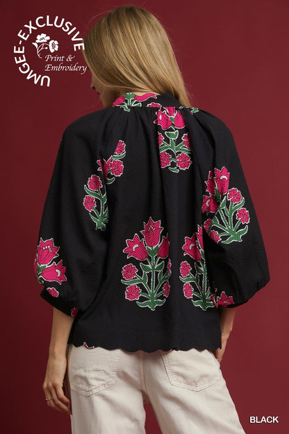 Tulip Print Bubble Sleeve Top