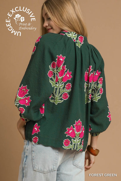 Tulip Print Bubble Sleeve Top