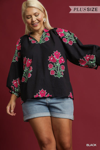 Bubble Sleeve Tulip Print Top