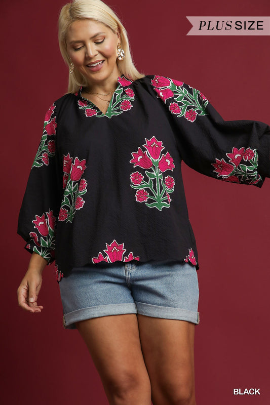 Bubble Sleeve Tulip Print Top