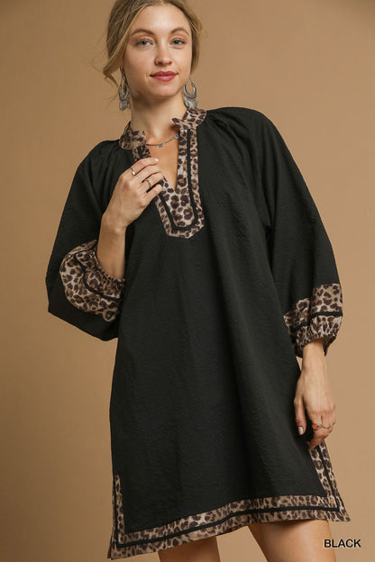Textured Fabric Dress with Leopard Print Trim