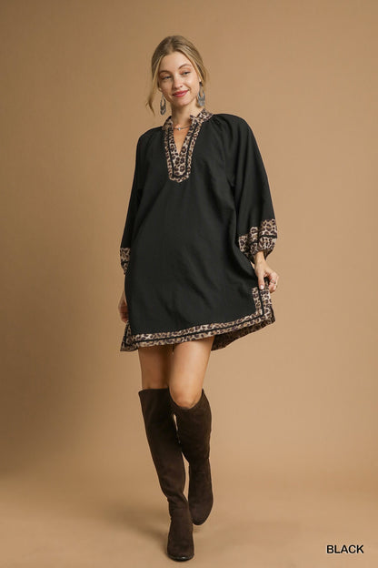 Textured Fabric Dress with Leopard Print Trim