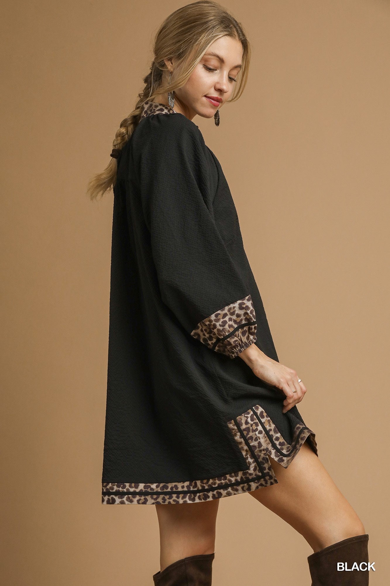 Textured Fabric Dress with Leopard Print Trim