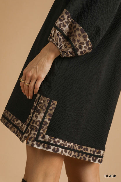 Textured Fabric Dress with Leopard Print Trim