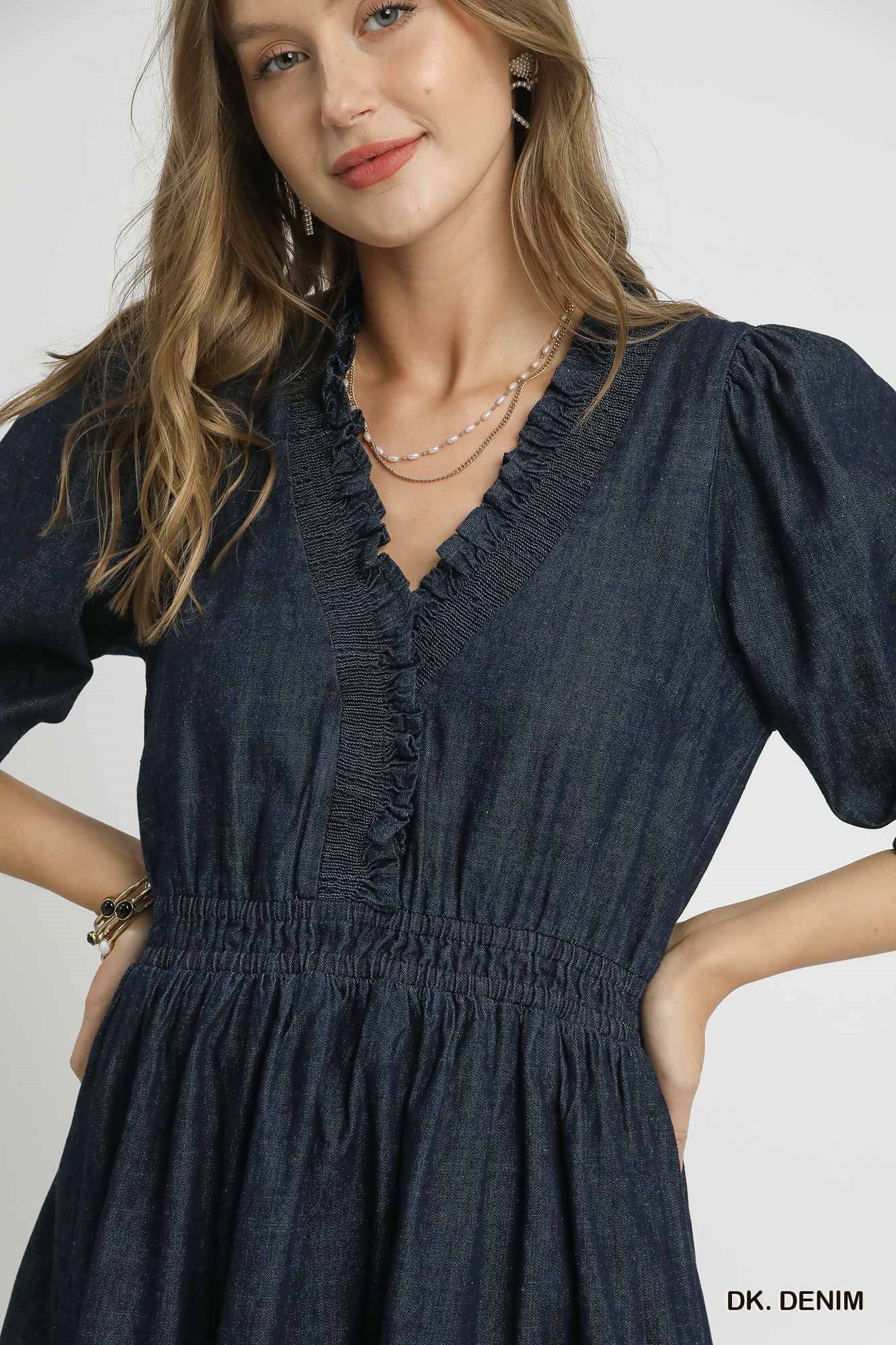v neck ruffle denim dress Elegant V-neck Ruffle Hem Denim Dress Women's Long Skirt Fashionable French Style Tie Waist Cotton Polyester Blend Dress