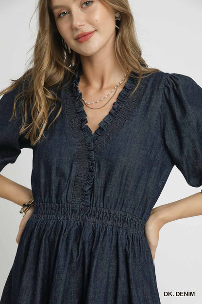 Jenn Denim Ruffle Trim Tiered Dress