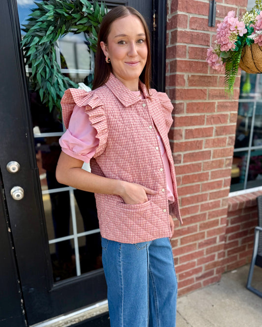 Blush Gingham Puffer Vest shown; available in XS-XL.