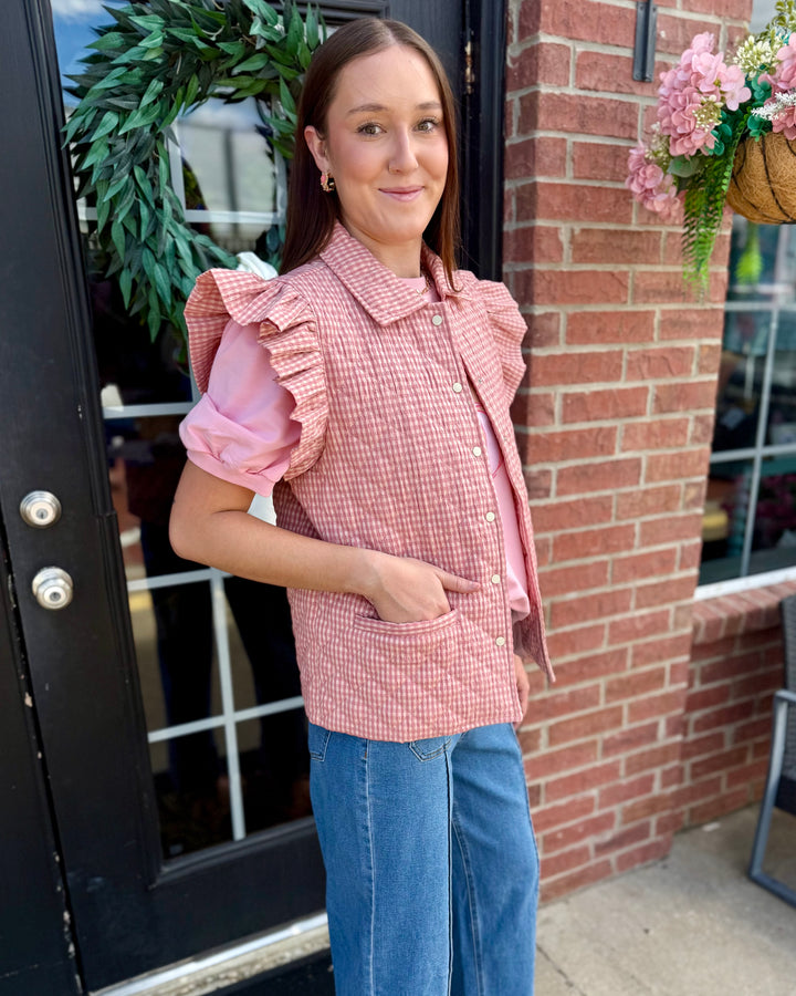 Blush Gingham Puffer Vest shown; available in XS-XL.