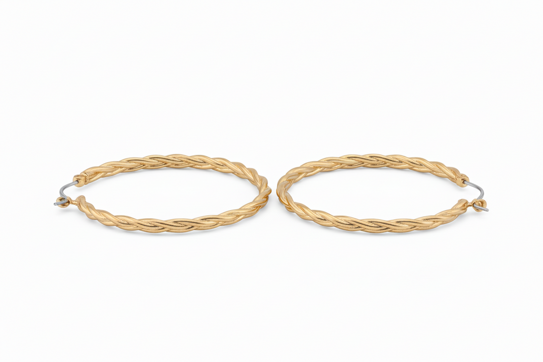 Gold Hoop Earrings, water resistant with a twisted rope design. Available in 20mm, 30mm, and 40mm sizes.