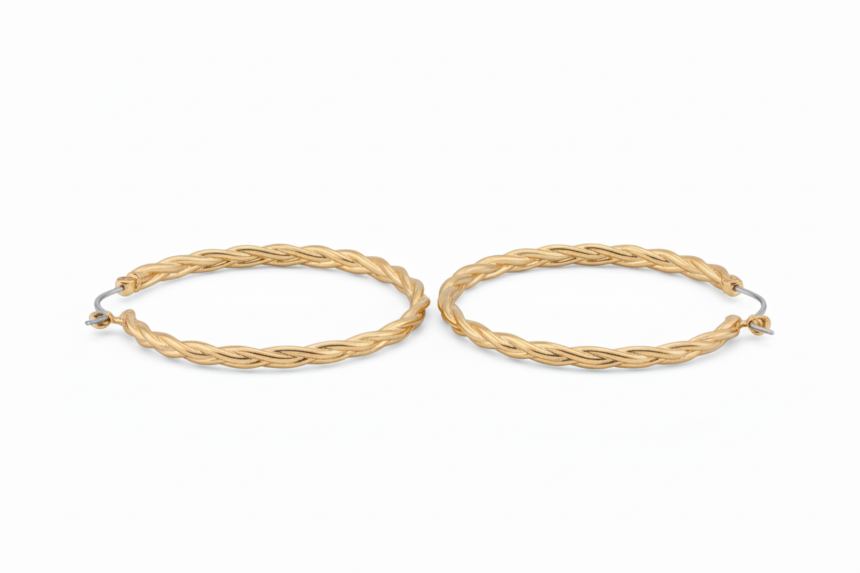 Gold Hoop Earrings, water resistant with a twisted rope design. Available in 20mm, 30mm, and 40mm sizes.