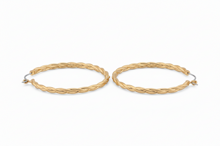 Gold Hoop Earrings, water resistant with a twisted rope design. Available in 20mm, 30mm, and 40mm sizes.