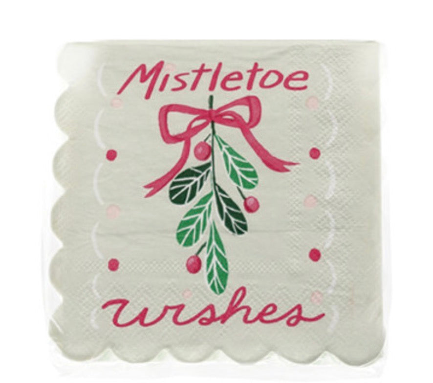 Off-white scalloped Mistletoe Wishes cocktail napkins with mistletoe, red bow, and “Mistletoe wishes” text.