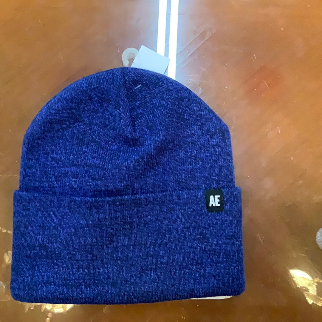 Blue Beanie with folded brim and small black "AE" patch. Available in S, M, L.