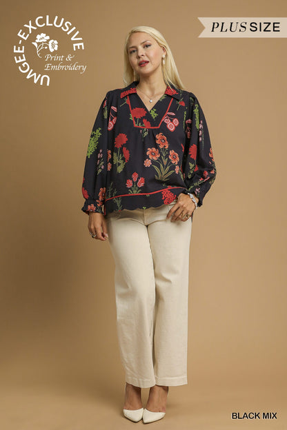 Black Mix Floral Print Textured Top