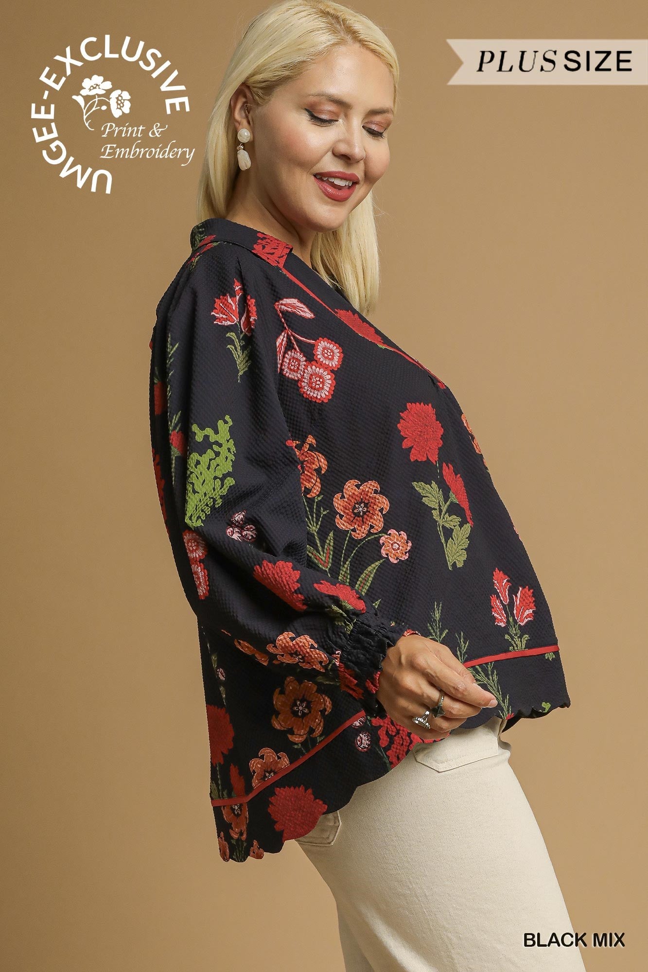 Black Mix Floral Print Textured Top