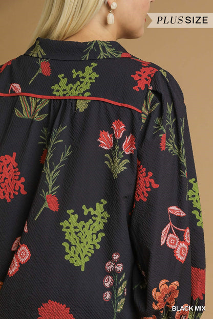 Black Mix Floral Print Textured Top